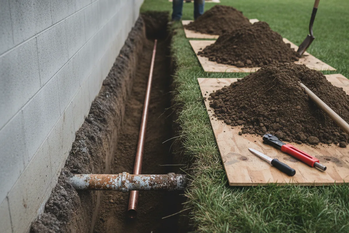 Excavated water line trench during Water Heater Repair in White Lake